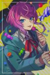  1boy :p amemura_ramuda blue_eyes blurry border candy coat collared_shirt commentary_request depth_of_field diagonal_stripes food green_coat highres holding holding_candy holding_food holding_lollipop holding_umbrella hood hood_down hooded_coat hypnosis_mic lollipop long_sleeves looking_at_viewer male_focus neck_ribbon nou_(nounknown) outside_border pink_hair red_neckwear ribbon shirt short_hair_with_long_locks sidelocks signature smile solo striped tongue tongue_out umbrella upper_body white_shirt yellow_umbrella 