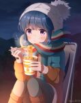  1girl artist_name bangs blowing_on_food blue_hair blush boots breath chopsticks commentary food hat highres knee_boots long_sleeves looking_away mountainous_horizon mozukun43 night noodles o3o outdoors pants pom_pom_(clothes) ramen scarf shima_rin sidelocks sitting solo twitter_username violet_eyes white_headwear yurucamp 