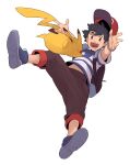  1boy ash_ketchum bangs baseball_cap black_hair blush brown_eyes brown_pants capri_pants commentary_request gen_1_pokemon hat highres korean_commentary male_focus navel open_mouth pants pikachu pokemon pokemon_(anime) pokemon_(creature) pokemon_sm_(anime) redlhzz shirt shoes short_hair short_sleeves smile striped striped_shirt t-shirt teeth tongue 