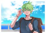  1boy amami_rantarou backpack bag bangs border closed_mouth clouds collarbone commentary dangan_ronpa_(series) dangan_ronpa_v3:_killing_harmony day donutous green_eyes green_hair hand_up jewelry looking_at_viewer male_focus necklace outdoors shirt short_hair short_sleeves sky smile solo striped striped_shirt thumb_ring upper_body white_border 