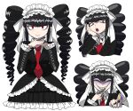  1girl bangs black_hair bonnet card celestia_ludenberg commentary_request dangan_ronpa:_trigger_happy_havoc dangan_ronpa_(series) dress drill_hair evil_smile frills furukawa_(yomawari) gothic_lolita grin hairband highres jewelry lolita_fashion long_hair long_sleeves looking_at_viewer multiple_views necktie open_mouth pale_skin playing_card red_eyes red_neckwear shaded_face simple_background smile teeth twin_drills twintails white_background 