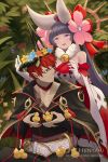  1boy 1girl :d animal artist_name bangs bare_shoulders bell belt bird black_hair black_jacket blue_flower breasts brown_flower character_request closed_mouth commentary dragalia_lost dress english_commentary eyebrows_visible_through_hair flower flower_wreath fur_collar gloves head_wreath headgear hentaki highres holding holding_animal jacket jingle_bell long_hair medium_breasts open_mouth pink_eyes pink_flower red_eyes redhead scar_on_mouth sitting smile standing very_long_hair watermark web_address white_belt white_dress white_gloves yellow_flower 