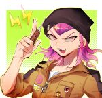  1boy black_headwear braid clip collarbone commentary_request dangan_ronpa_(series) dangan_ronpa_2:_goodbye_despair halftone halftone_background hand_up index_finger_raised jumpsuit looking_at_viewer medium_hair open_mouth pink_eyes pink_hair portrait screwdriver sharp_teeth shiny shiny_hair short_hair sk816 smile solo souda_kazuichi teeth white_background yellow_background 