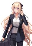 1girl alternate_costume black_pants black_suit blonde_hair collared_shirt english_commentary formal g3_(girls_frontline) girls_frontline hair_ornament highres holding holding_suitcase long_hair long_sleeves pant_suit pants shirt silayloe solo suit suitcase very_long_hair violet_eyes white_shirt 