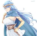  1girl blue_cape blue_hair breasts cape dragon_quest dragon_quest_iii elbow_gloves gloves hair_between_eyes hand_up holding holding_staff kichihachi large_breasts long_hair open_mouth profile red_eyes sage_(dq3) silver_hair solo staff twitter_username white_background yellow_gloves 
