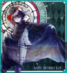  1boy argyle argyle_background bangs black_cape black_hair black_headwear cape cape_lift checkered closed_mouth commentary_request dangan_ronpa_(series) dangan_ronpa_v3:_killing_harmony dated double-breasted feet_out_of_frame from_side goto_(sep) grey_jacket hair_between_eyes hand_up happy_birthday hat highres jacket looking_at_viewer male_focus multicolored multicolored_background one_eye_closed ouma_kokichi outside_border pants purple_hair shiny shiny_hair smile solo standing white_pants 