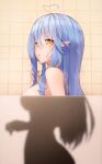  1girl ahoge artist_request bathing blue_hair blush breasts highres hololive long_hair looking_at_viewer pointy_ears tile_wall tiles virtual_youtuber yellow_eyes yukihana_lamy 