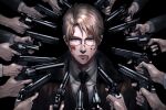  1boy absurdres ahoge america_(hetalia) axis_powers_hetalia black_background black_neckwear blonde_hair blood blue_eyes glasses gun handgun hands highres holding holding_gun holding_weapon jacket john_wick lips male_focus necktie npyon parody serious solo_focus upper_body weapon 