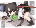  1girl all_fours animal_ears bear_ears bear_girl bear_paw_hammer bear_tail bike_shorts blush boots brown_bear_(kemono_friends) brown_eyes brown_footwear brown_gloves brown_hair brown_skirt commentary_request elbow_gloves extra_ears eyebrows_visible_through_hair fanta_(the_banana_pistols) fingerless_gloves food food_in_mouth fur_trim gloves highres japari_bun kemono_friends looking_at_viewer multicolored_hair pleated_skirt shirt short_hair short_sleeves shorts shorts_under_skirt skirt solo t-shirt tail translation_request two-tone_hair white_hair white_shirt 
