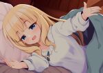  1girl bangs blonde_hair blue_eyes blush breasts collarbone elf eyebrows_visible_through_hair hair_ornament long_hair looking_at_viewer on_bed open_mouth pointy_ears princess_connect! princess_connect!_re:dive saren_(princess_connect!) smile solo syurimp 