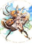  1girl absurdres animal_ears bangs blue_eyes breasts brown_hair coat eyebrows_visible_through_hair fur_trim highres holding holding_sword holding_weapon long_hair looking_at_viewer medium_breasts mizushirazu multicolored_hair open_clothes open_coat original personification solo striped striped_legwear sword thigh-highs weapon 