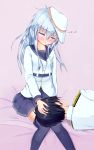  1boy 1girl admiral_(kantai_collection) blush couple hat hibiki_(kantai_collection) highres kantai_collection long_hair silver_hair sleeping tagme thighhighs verniy_(kantai_collection) 