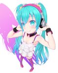  1girl aqua_eyes aqua_hair collar hands_on_headphones hatsune_miku headphones long_hair pigeon-toed polka_dot polka_dot_legwear skirt smile solo thigh-highs twintails very_long_hair vocaloid 