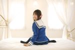  bed cosplay hair_ribbons photo sailor_uniform sakura_yayoi school_uniform thigh-highs twintails 