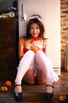  aizawa_hitomi apron bustier cosplay fishnet_stockings garters lingerie maid maid_uniform orange panties photo thigh-highs 