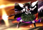  1girl alternate_weapon arm_cannon black_hair blouse bow cape chipika firing long_hair muzzle_flash open_mouth parody red_eyes reiuji_utsuho skirt smile solo third_eye touhou weapon wings 