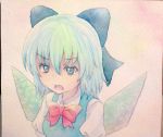  1girl blue_eyes blue_hair bow cirno hair_bow highres ice ice_wings open_mouth solo touhou traditional_media watercolor_(medium) wings yuyu_(00365676) 