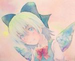  1girl :3 blue_eyes blue_hair bow cirno hair_bow ice ice_wings solo touhou traditional_media watercolor_(medium) wings yuyu_(00365676) 