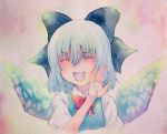 1girl blue_eyes blue_hair bow cirno closed_eyes hair_bow ice ice_wings laughing open_mouth smile solo touhou traditional_media watercolor_(medium) wings yuyu_(00365676) 