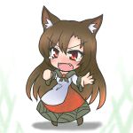  1girl animal_ears blush brooch brown_hair chibi dress fang fingernails imaizumi_kagerou jewelry long_hair long_sleeves open_mouth red_eyes solo tears touhou white_background wolf_ears 