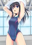  1girl black_hair blue_eyes competition_swimsuit long_hair one-piece_swimsuit original standing swimsuit undressing wagashi_(yokotejn) 
