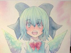  1girl blue_eyes blue_hair bow cirno hair_bow ice ice_wings open_mouth smile solo teeth touhou traditional_media watercolor_(medium) wings yuyu_(00365676) 