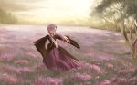  1girl dress field flower flower_field long_sleeves looking_at_viewer open_mouth outstretched_arms pink_eyes pink_hair smile solo tree twintails vocaloid wide_sleeves yamamomo2001 yuzuki_yukari 