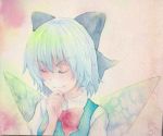  1girl blue_eyes blue_hair bow cirno closed_eyes hair_bow hand_on_own_chin ice ice_wings smirk solo touhou traditional_media watercolor_(medium) wings yuyu_(00365676) 