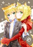  1girl 2girls ahoge animal_ears blonde_hair breasts cat_ears chippy0110 cleavage dress epaulettes fate/extra fate/zero fate_(series) formal green_eyes highres kemonomimi_mode multiple_girls pant_suit payot red_dress saber saber_extra solo suit 