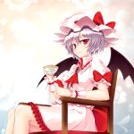  1girl bow chair cup dress fang hat junior27016 looking_at_viewer red_eyes remilia_scarlet short_hair silver_hair sitting solo touhou wrist_cuffs 