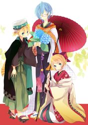  1girl 2boys aqua_eyes blonde_hair blue_hair bouquet brother_and_sister closed_eyes flower geta glasses hair_ornament hair_ribbon hairclip hakama haori hat highres japanese_clothes kagamine_len kagamine_rin kaito kimono kimono_skirt multilayer_kimono multiple_boys ribbon scarf seiza short_hair siblings sitting smile standing twins umbrella vocaloid yoshiki 