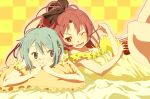  2girls blue_eyes blue_hair fingers_together frills hair_ornament hair_ribbon hairclip long_hair mahou_shoujo_madoka_magica mesushirindaa miki_sayaka multiple_girls open_mouth pillow pocky red_eyes redhead ribbon sakura_kyouko short_hair wink 