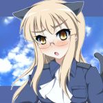  1girl animal_ears blonde_hair blush cat_ears cat_tail fang glasses ikue_fuuji long_hair looking_at_viewer military military_uniform open_mouth perrine_h_clostermann solo strike_witches tail uniform yellow_eyes 