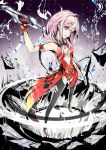  1girl alternate_costume bare_shoulders black_legwear breasts center_opening cleavage firecel gloves guilty_crown hair_ornament hairclip long_hair looking_at_viewer navel pink_hair red_eyes solo thighhighs twintails void_(guilty_crown) yuzuriha_inori 