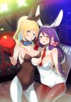  2girls animal_ears ayase_eli blonde_hair blue_eyes bowtie boxing_gloves bunnysuit detached_collar green_eyes kissai_(ayahk) long_hair love_live!_school_idol_project multiple_girls necktie pantyhose ponytail purple_hair rabbit_ears toujou_nozomi twintails wrist_cuffs 