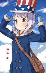  1girl :&lt; american_flag bag blush brown_eyes clouds coat flag_print fur_trim hat highres holding holding_hat idolmaster idolmaster_million_live! lavender_hair makabe_mizuki mittens muku_(muku-coffee) print_hat satchel short_hair sky snowman solo star vertical_stripes 