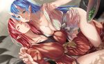 2girls blue_eyes blue_hair breasts cleavage closed_eyes dutch_angle horn horns large_breasts long_hair multiple_girls original parted_lips pointy_ears redhead viola_(seed) 