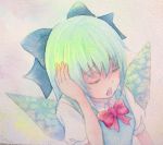  1girl blue_eyes blue_hair bow cirno closed_eyes hair_bow hand_on_ear highres ice ice_wings open_mouth solo touhou traditional_media watercolor_(medium) wings yuyu_(00365676) 