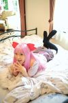  bed chippi cosplay mai_hime munakata_shiho photo pink_hair school_uniform thigh-highs 