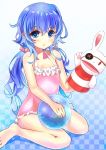  1girl ameyoshi blue_eyes blue_hair casual_one-piece_swimsuit date_a_live hand_puppet highres one-piece_swimsuit puppet rabbit sitting stuffed_animal stuffed_bunny stuffed_toy swimsuit wariza yoshino_(date_a_live) 