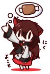 1girl absurdres animal_ears black_eyes blush boned_meat brooch brown_hair dress food highres imaizumi_kagerou jewelry long_hair meat nu-nyu open_mouth solo thought_bubble touhou white_background wide_sleeves wolf_ears 