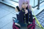  belt_as_garter caution_tape cosplay kaieda_kae photo purple_hair rosario+vampire shirayuki_mizore striped tank_top thigh-highs 