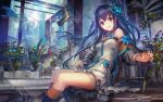  1girl blue_hair blue_legwear character_request flower gun hair_flower hair_ornament kneehighs knife leaf lm7_(op-center) long_hair open_mouth original plant planted_weapon potted_plant red_eyes sitting smile solo stairs weapon 