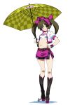  1girl alternate_costume belt blush bow brown_eyes brown_hair checkered hair_bow hat himekaidou_hatate hyouju_issei long_hair midriff navel pointy_ears racequeen simple_background skirt smile solo tokin_hat touhou tubetop twintails umbrella white_background wink 