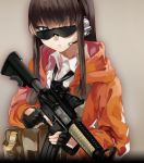  1girl assault_rifle bag brown_hair fingerless_gloves gloves gun headset hooded_jacket long_hair m4_carbine original rff_(3_percent) rifle solo sunglasses trigger_discipline weapon 