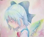  1girl blue_eyes blue_hair bow cirno closed_eyes hair_bow ice ice_wings solo touhou traditional_media watercolor_(medium) wings yuyu_(00365676) 