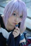  belt_as_garter cosplay kaieda_kae lollipop photo purple_hair rosario+vampire shirayuki_mizore striped tank_top thigh-highs 