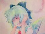  1girl blue_eyes blue_hair bow cirno closed_eyes hair_bow hand_on_ear ice ice_wings open_mouth solo touhou traditional_media watercolor_(medium) wings yuyu_(00365676) 