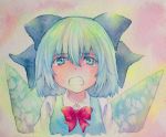  1girl blue_eyes blue_hair bow cirno clenched_teeth hair_bow highres ice ice_wings solo tears touhou traditional_media watercolor_(medium) wings yuyu_(00365676) 