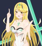  1girl bangs bare_shoulders black_background blonde_hair blush breasts earrings eyebrows_visible_through_hair gem hair_ornament headpiece mythra_(xenoblade) jewelry large_breasts long_hair looking_at_viewer nintendo pose simple_background smile solo sssemiii swept_bangs swimsuit tiara very_long_hair white_swimsuit xenoblade_(series) xenoblade_2 yellow_eyes 